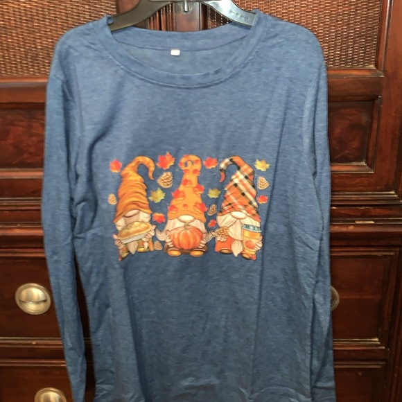 Brand new, beautiful blue T-shirt, long sleeve with festive fall gnomes - Picture 3 of 10